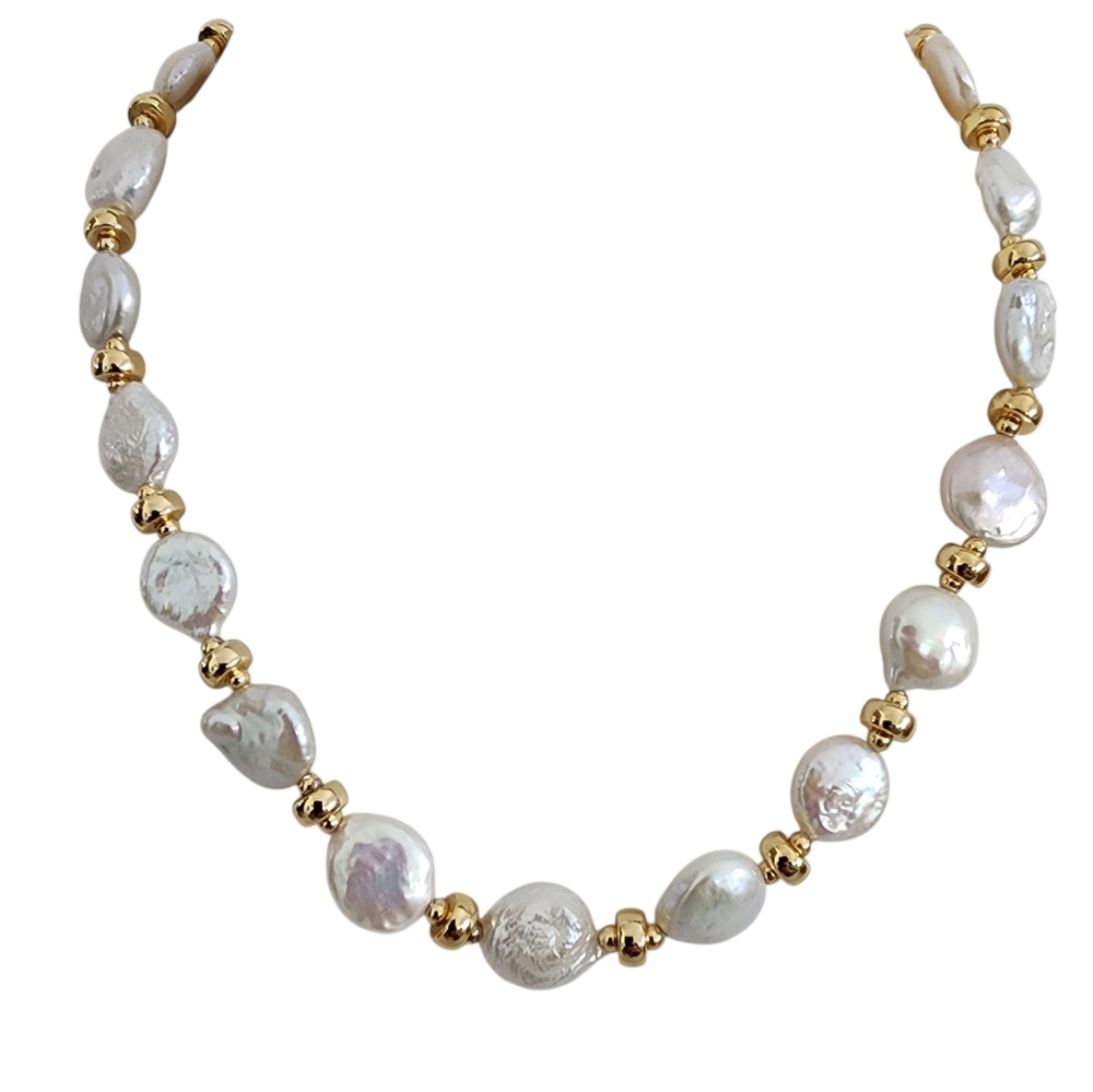 Coin Pearl Necklace Gold Accent Beads Toggle Clasp  A0369 Q7